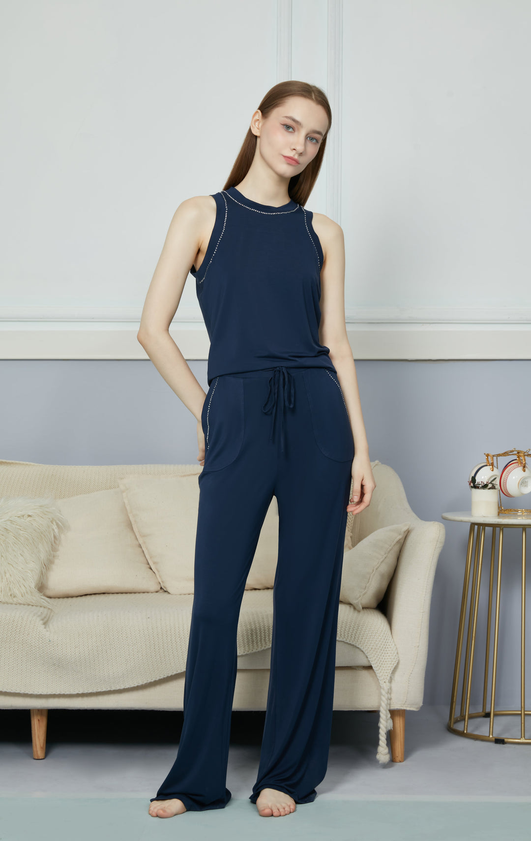 Navy Bamboo pajamas set with Long pants