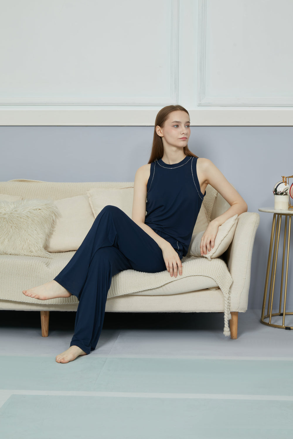 Navy Bamboo pajamas set with Long pants