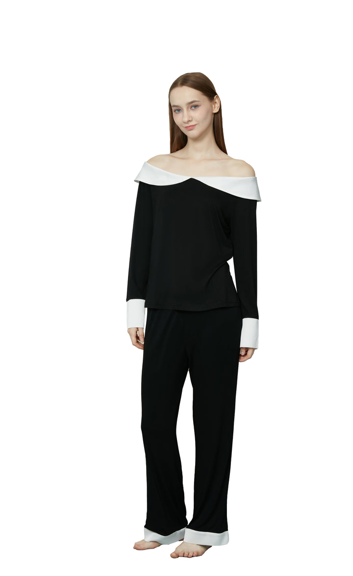 Bamboo Black Long sleeve + Long Pants with Wide Neck pajama sets