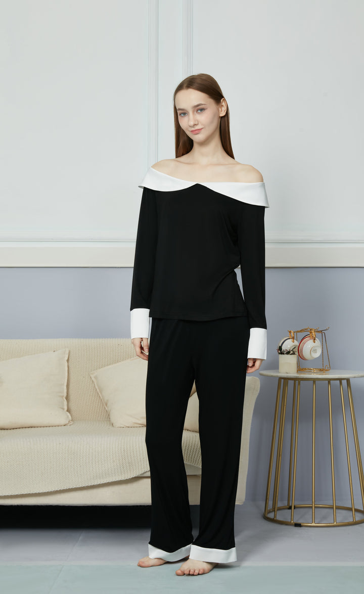 Bamboo Black Long sleeve + Long Pants with Wide Neck pajama sets