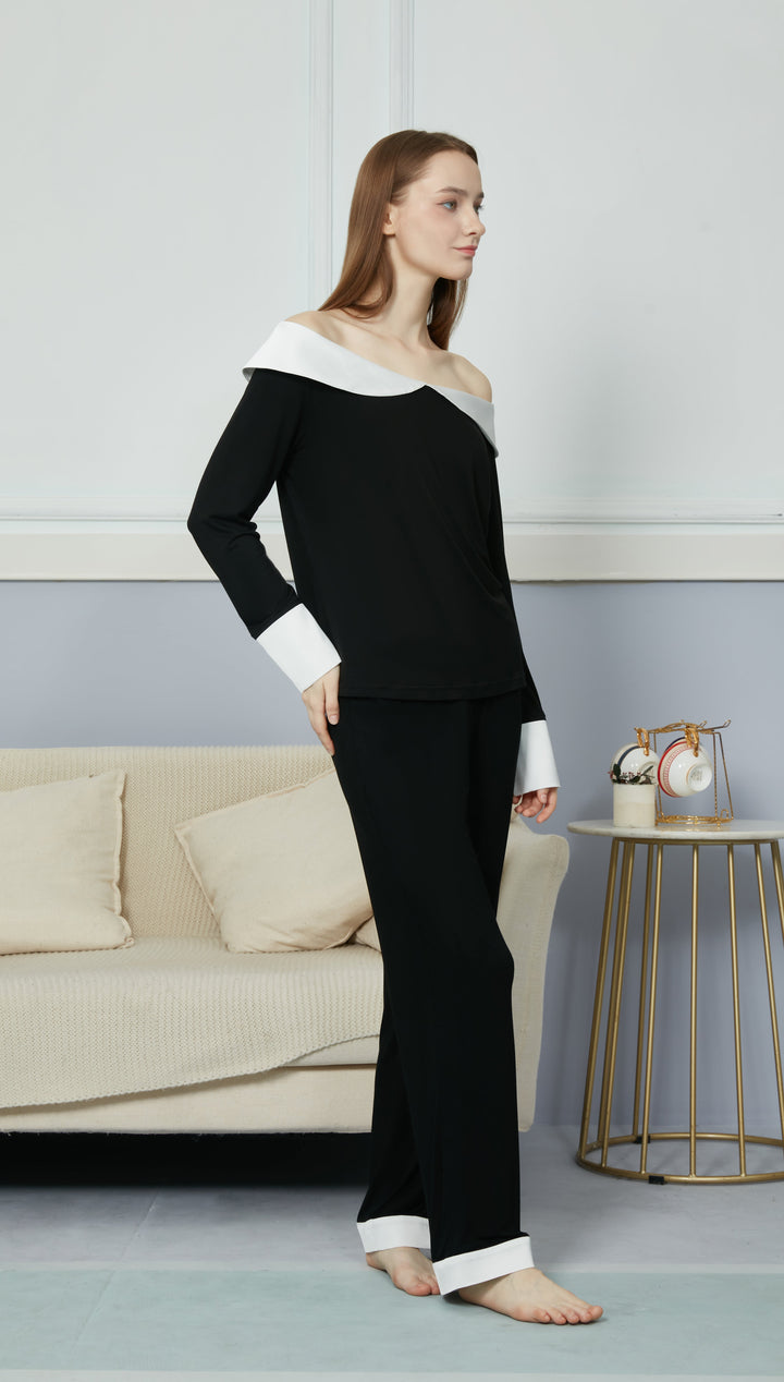 Bamboo Black Long sleeve + Long Pants with Wide Neck pajama sets