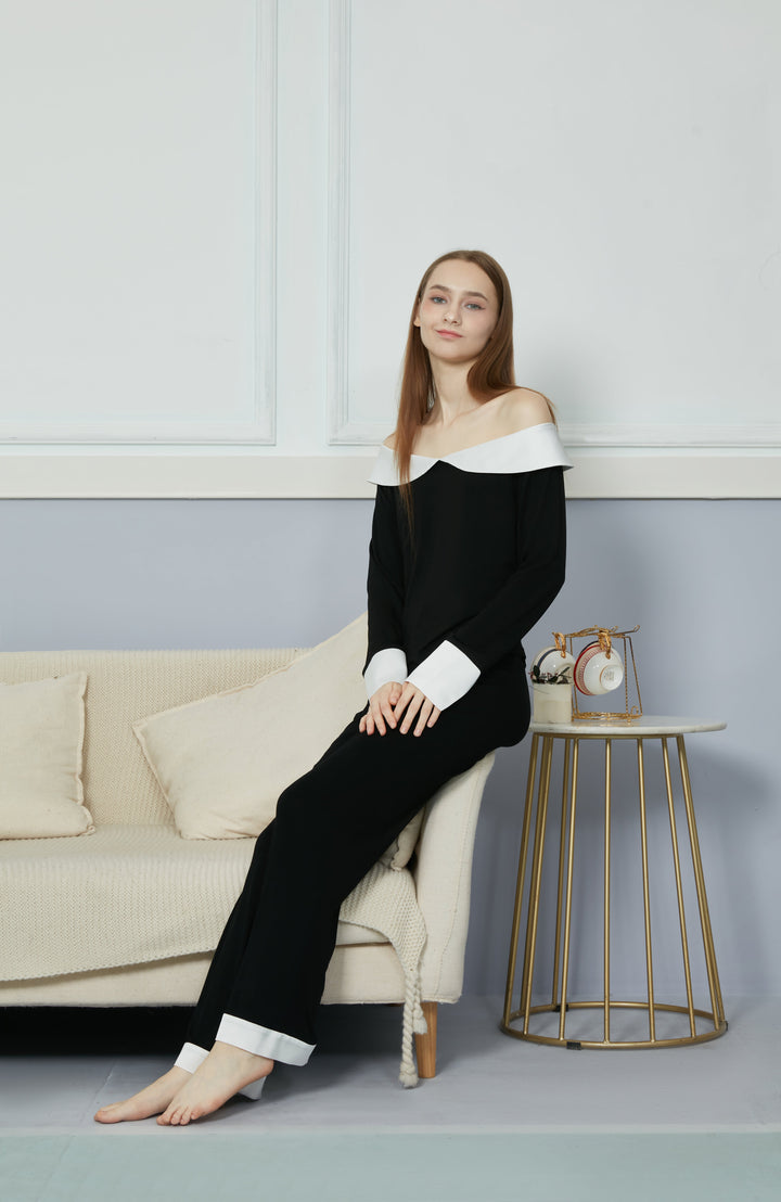 Bamboo Black Long sleeve + Long Pants with Wide Neck pajama sets