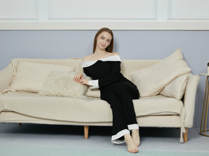 Bamboo Black Long sleeve + Long Pants with Wide Neck pajama sets