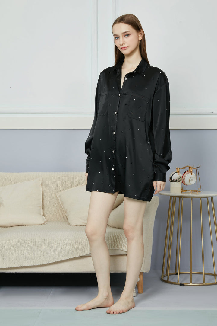 Black satin silk with diamond one oversize one piece