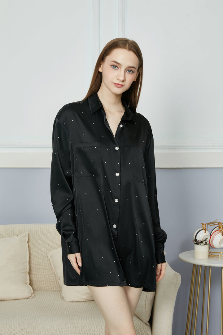 Black satin silk with diamond one oversize one piece