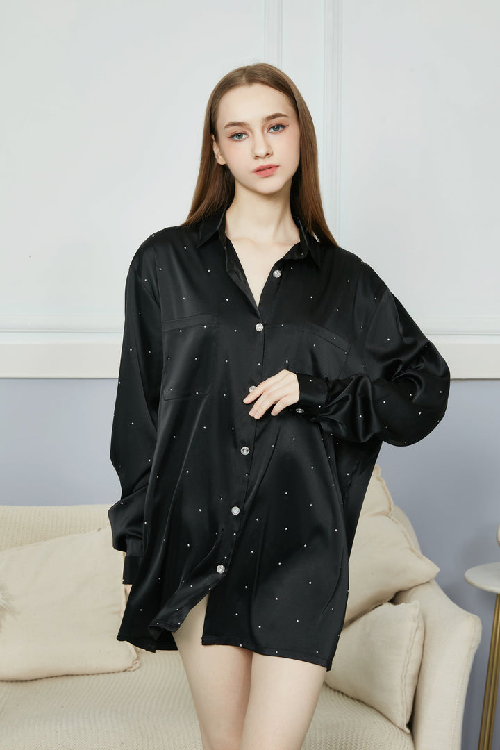 Black satin silk with diamond one oversize one piece