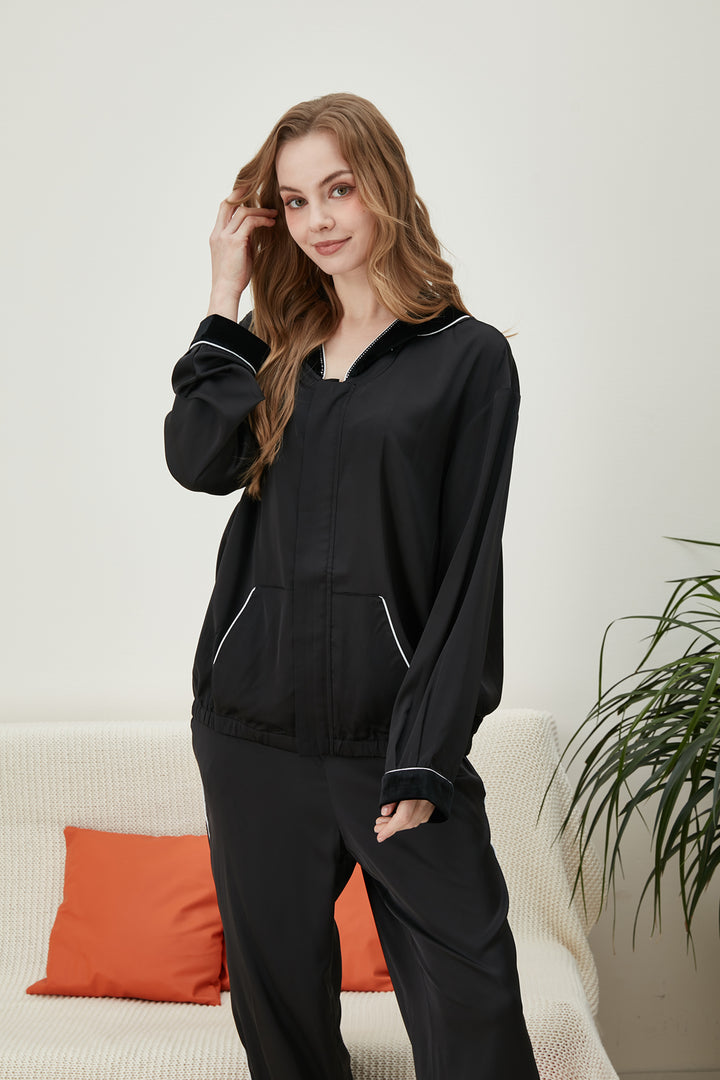 Black satin silk hoodie pajamas set