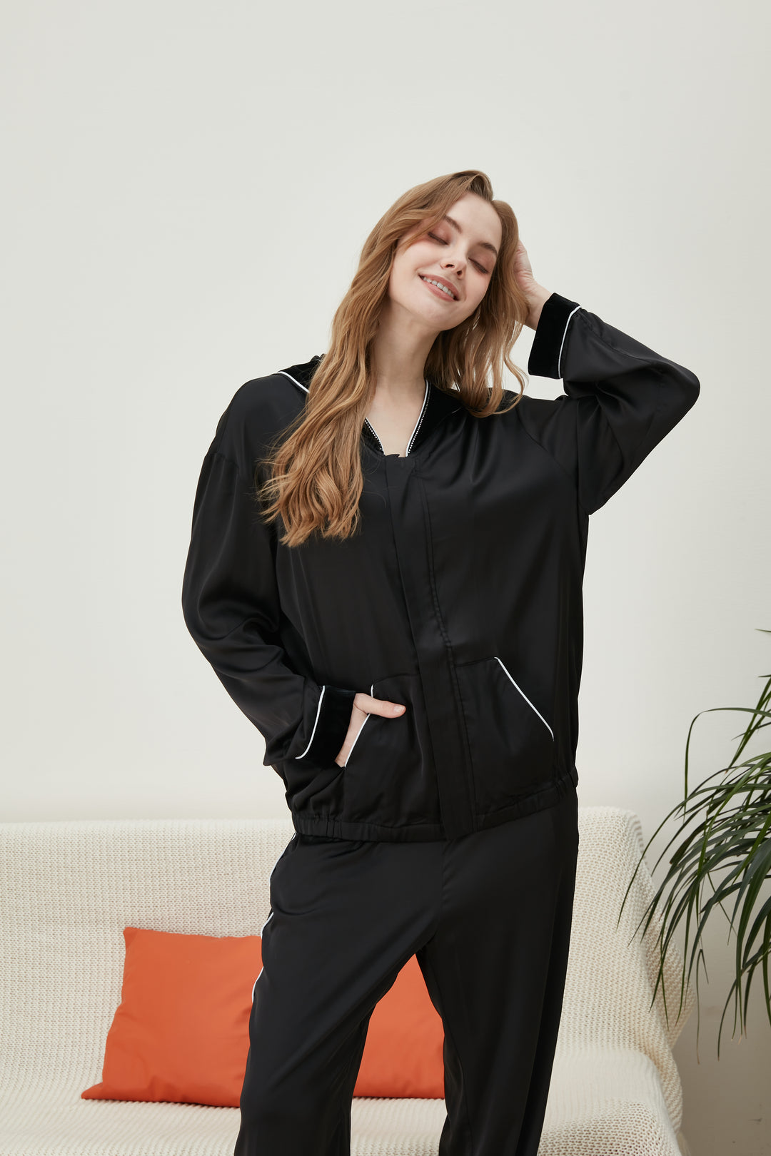 Black satin silk hoodie pajamas set