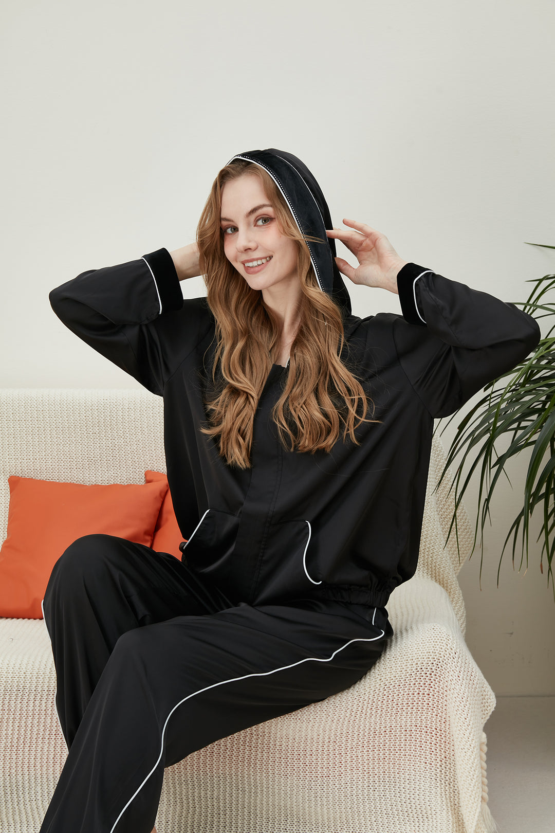 Black satin silk hoodie pajamas set