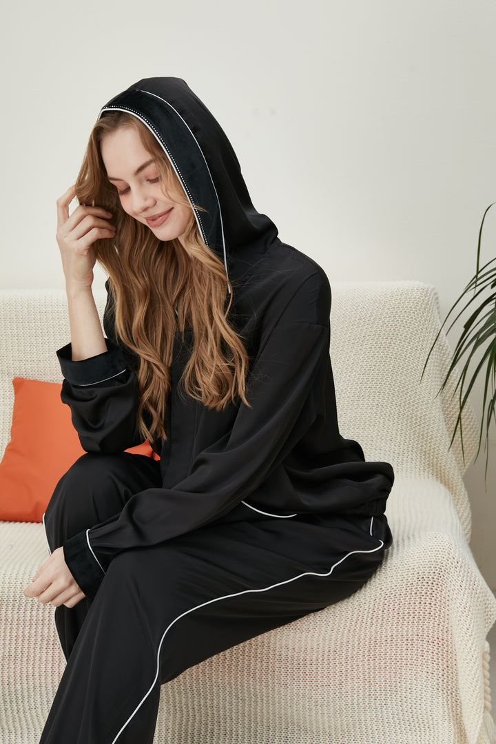 Black satin silk hoodie pajamas set
