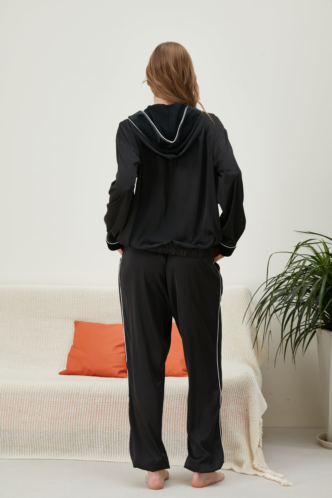 Black satin silk hoodie pajamas set